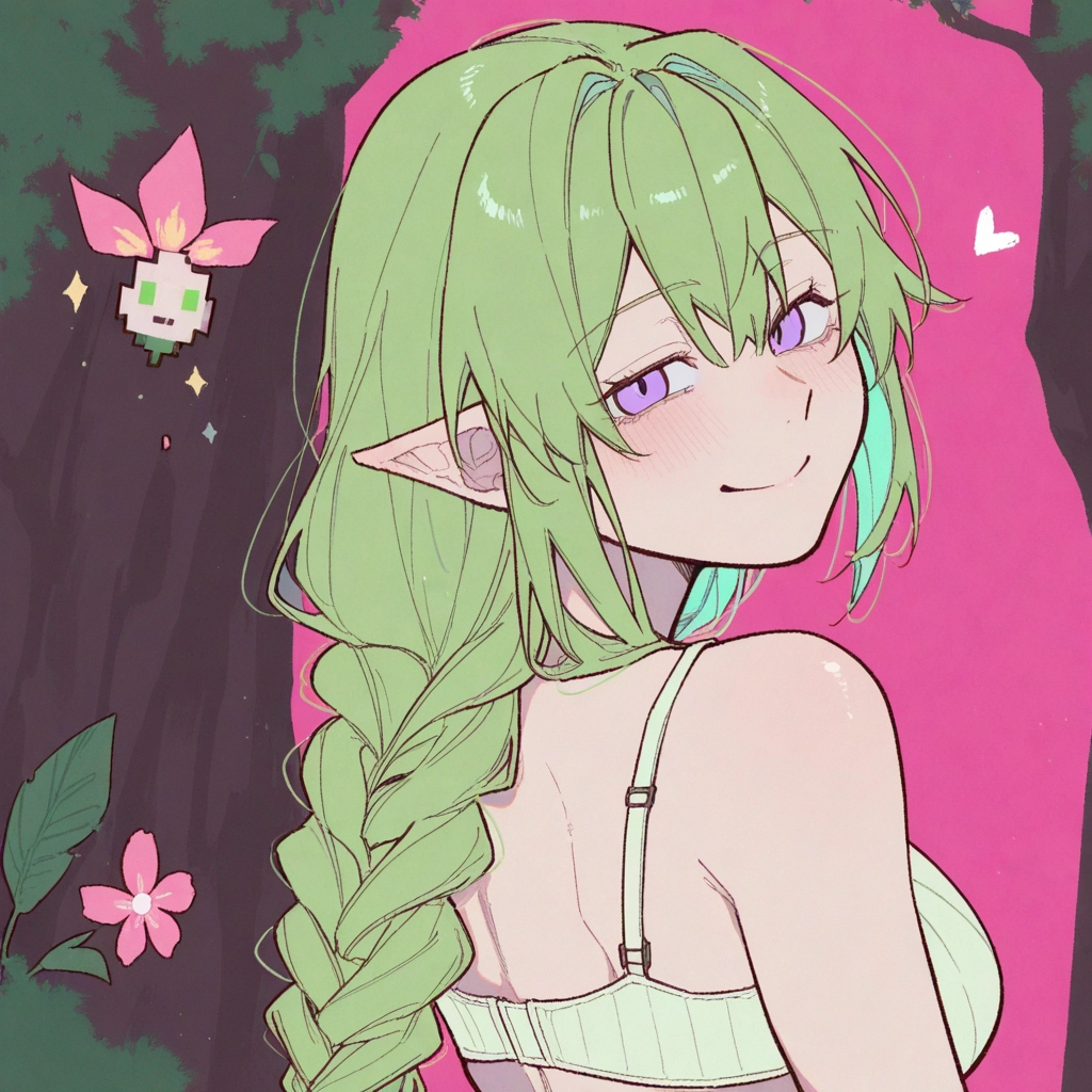 1girl, pointy ears, bra, underwear, green hair, smile · Yamete.gg