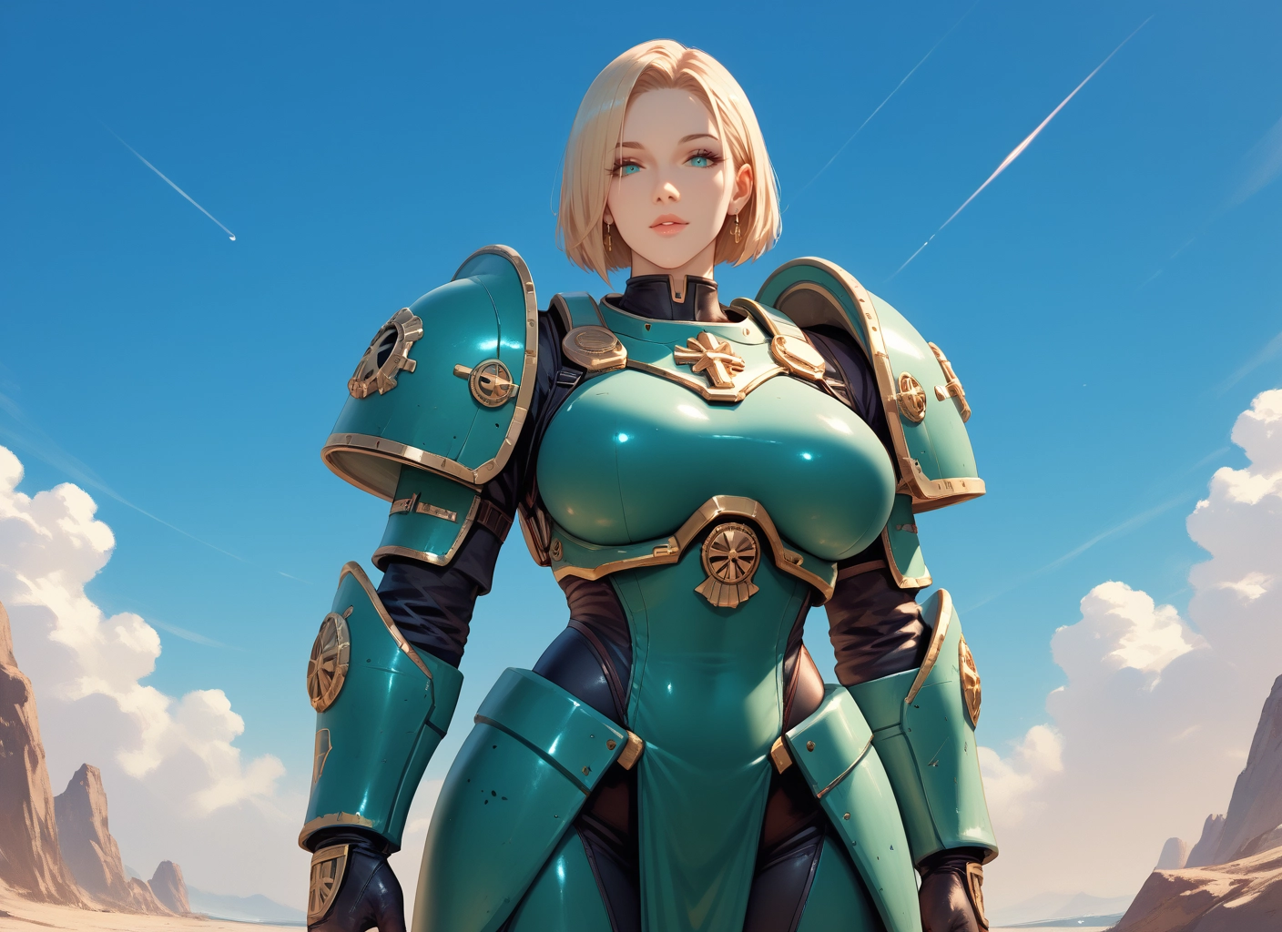 1girl, blonde hair, jewelry, armor, earrings, breasts · Yamete.gg