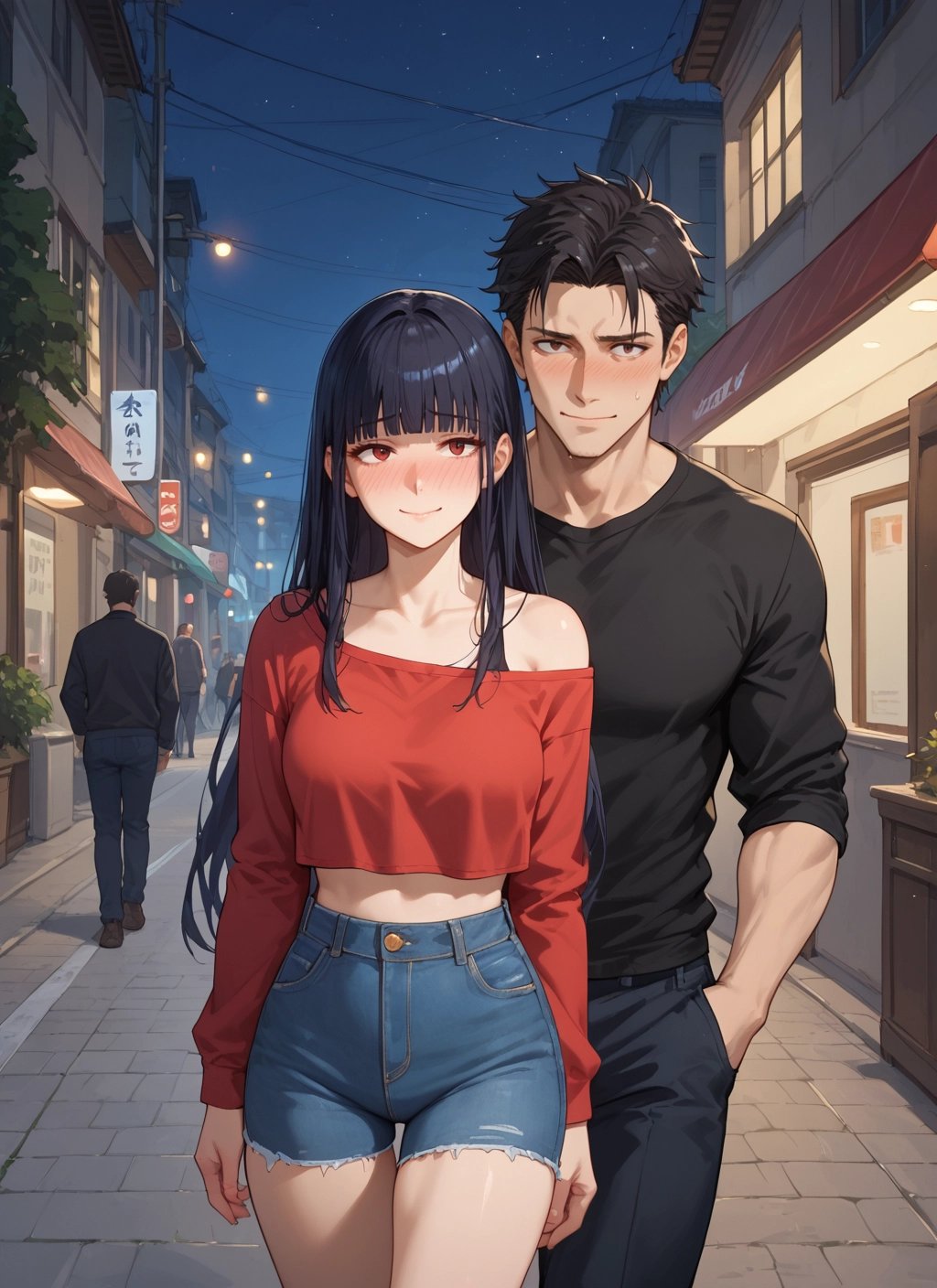 1girl, long hair, blush, black hair, shorts, denim · Yamete.gg
