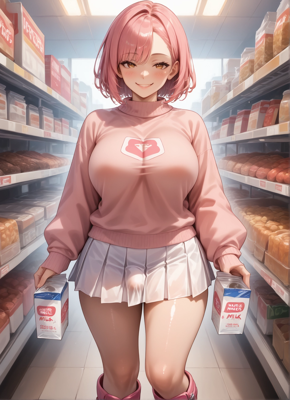 futanari, 1girl, skirt, breasts, pink hair, smile