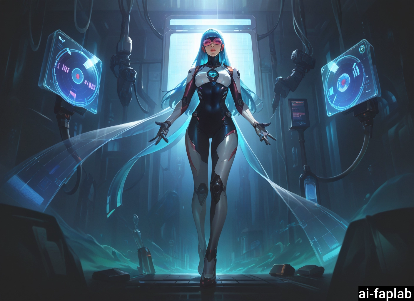 1girl, solo, blue hair, long hair, full body, looking at viewer