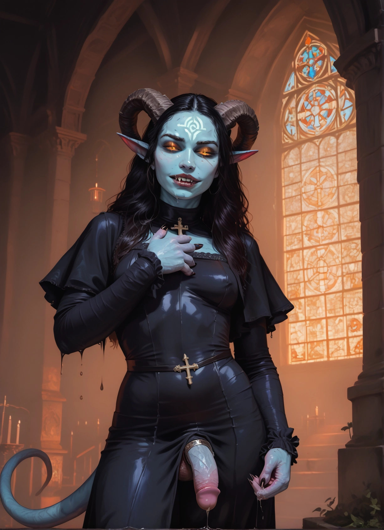 futanari, penis, horns, solo, tail, colored skin · Yamete.gg