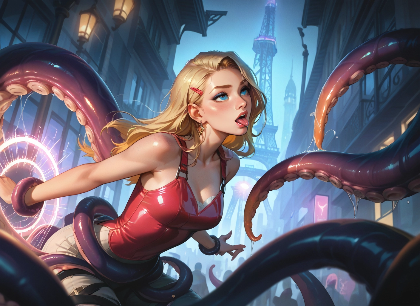 tentacles, blonde hair, breasts, tongue, blue eyes, tongue out