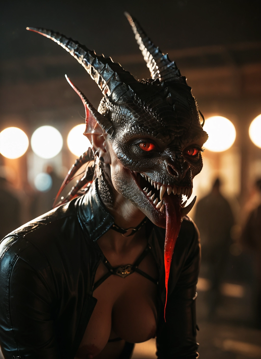 1girl, breasts, tongue, teeth, nipples, red eyes · Yamete.gg