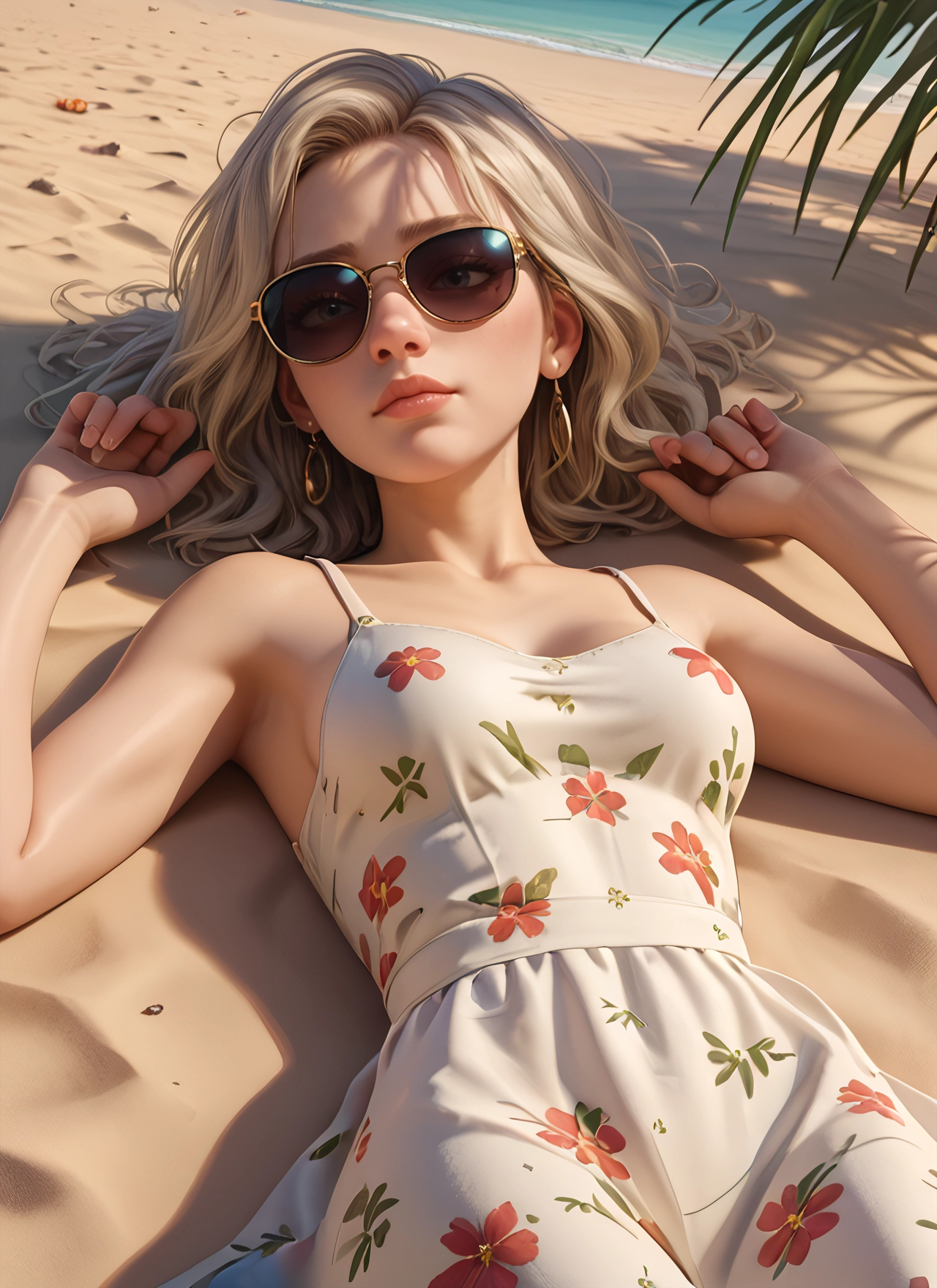 1girl, solo, dress, jewelry, sunglasses, earrings