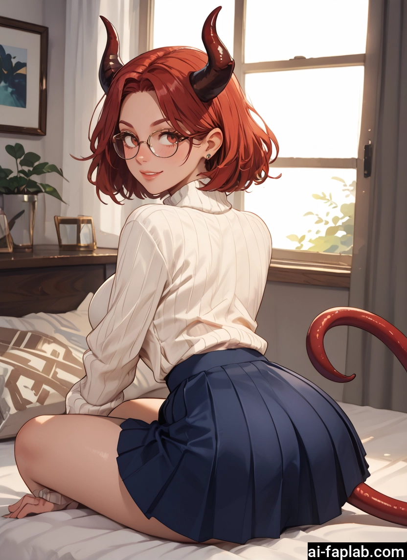 1girl, skirt, horns, tail, glasses, solo · Yamete.gg