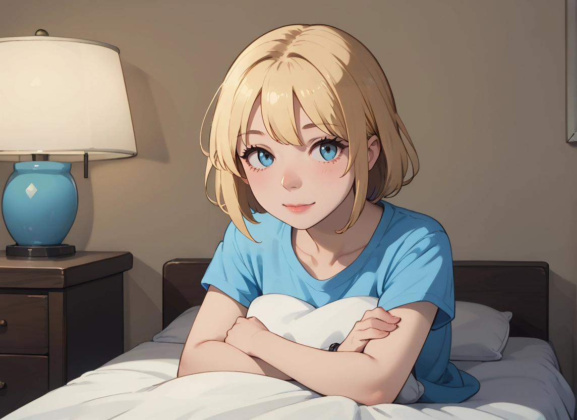 1girl, solo, blonde hair, blue eyes, shirt, lamp · Yamete.gg