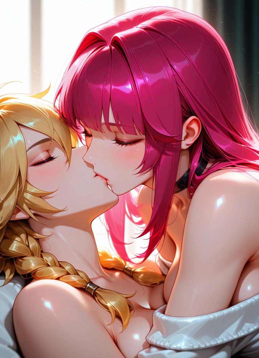 kiss, blonde hair, closed eyes, hetero, 1boy, braid · Yamete.gg