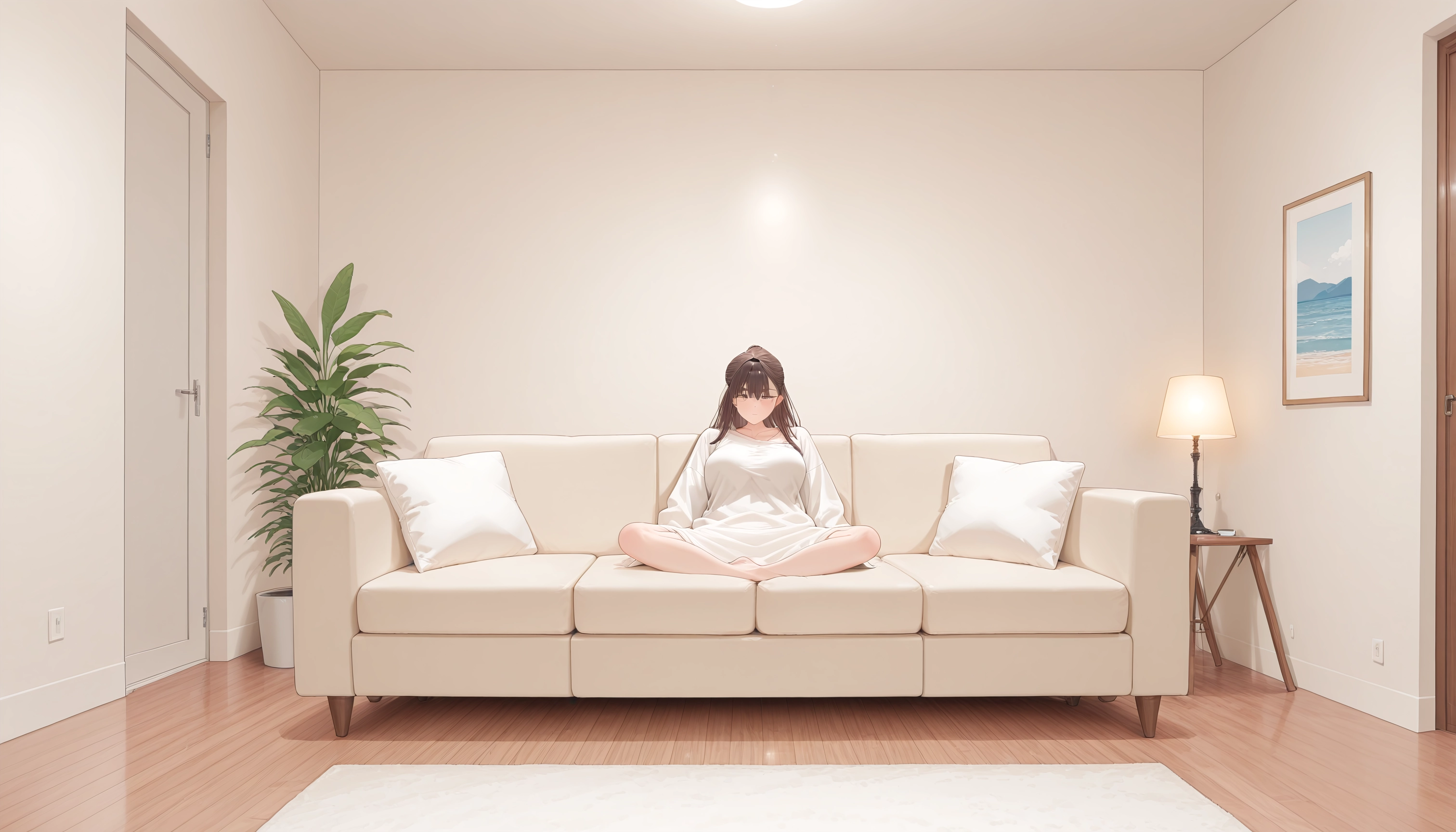 1girl, couch, sitting, solo, indoors, long hair · Yamete.gg