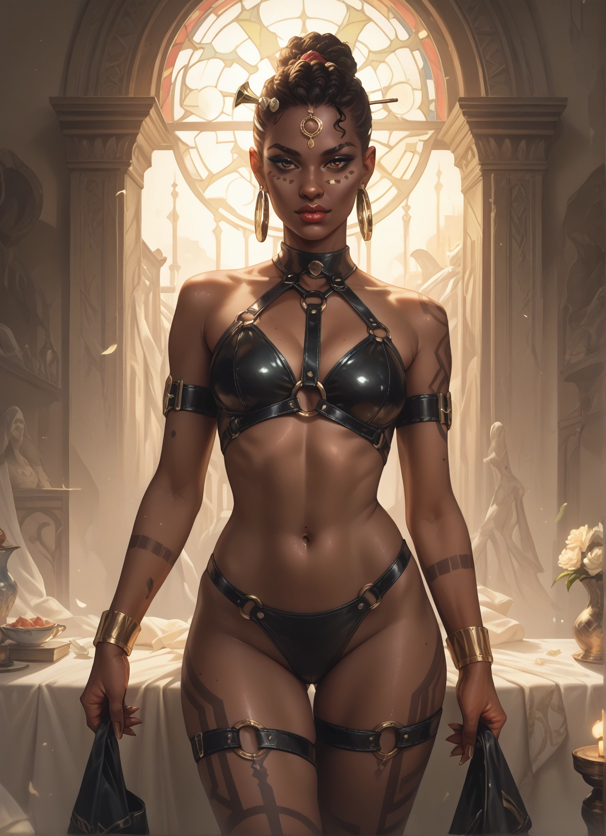 1girl, jewelry, earrings, navel, dark skin, breasts · Yamete.gg