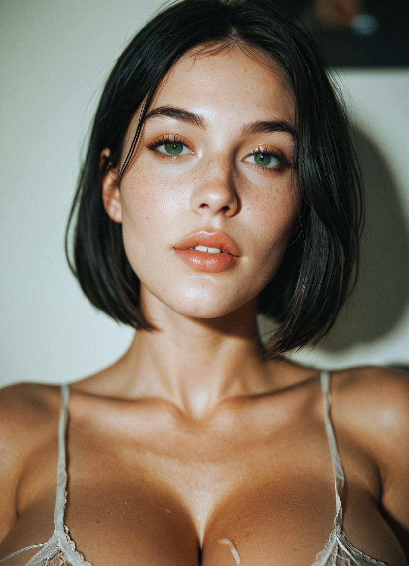 1girl, breasts, solo, green eyes, black hair, cleavage · Yamete.gg