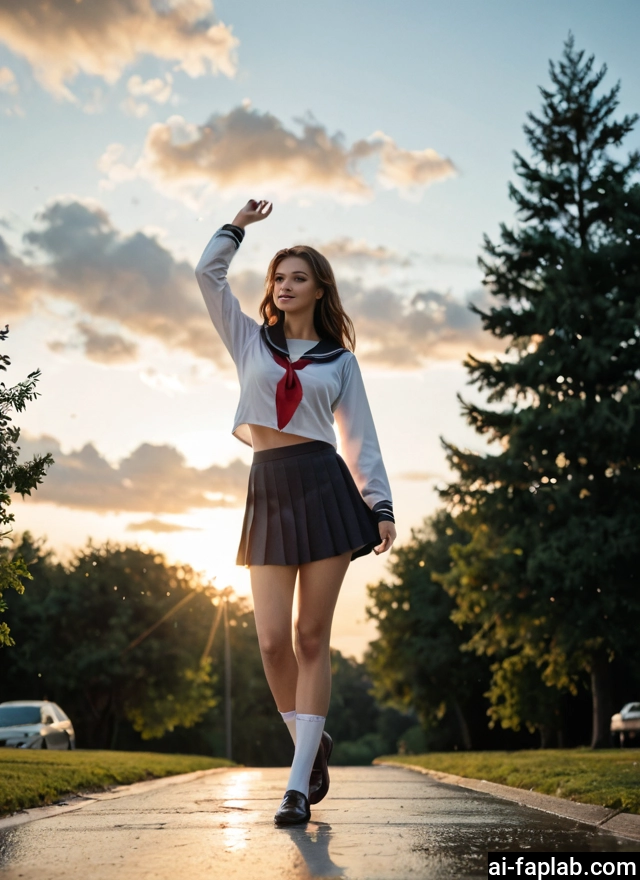 1girl, school uniform, skirt, solo, serafuku, cloud · Yamete.gg