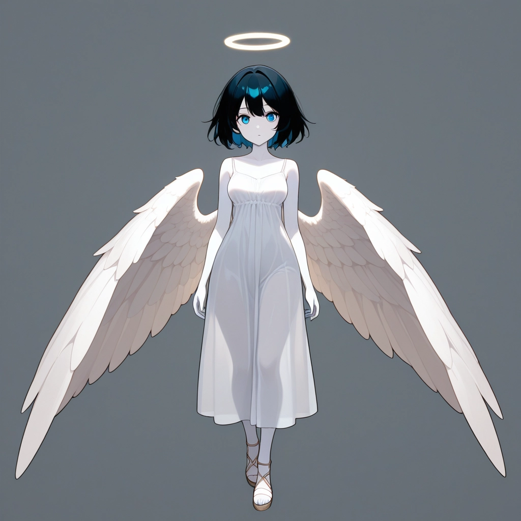 1girl, solo, wings, dress, halo, blue eyes