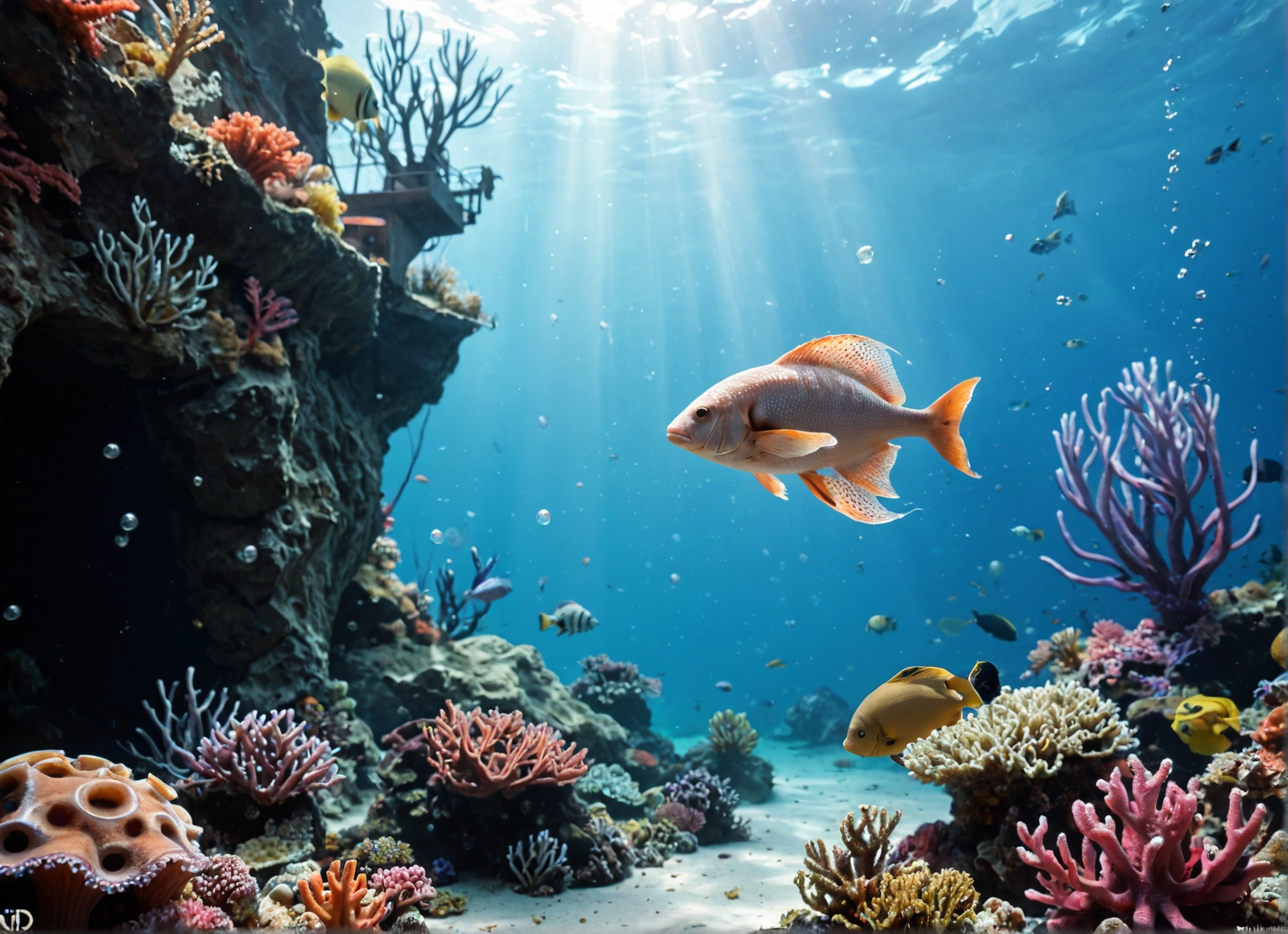 fish, no humans, underwater, coral, bubble, air bubble