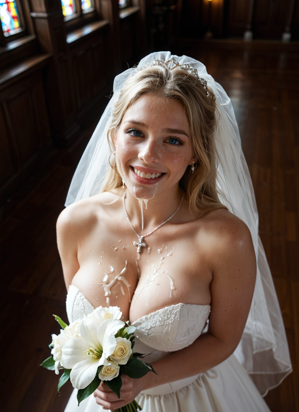 1girl, breasts, dress, flower, cum, wedding dress · Yamete.gg
