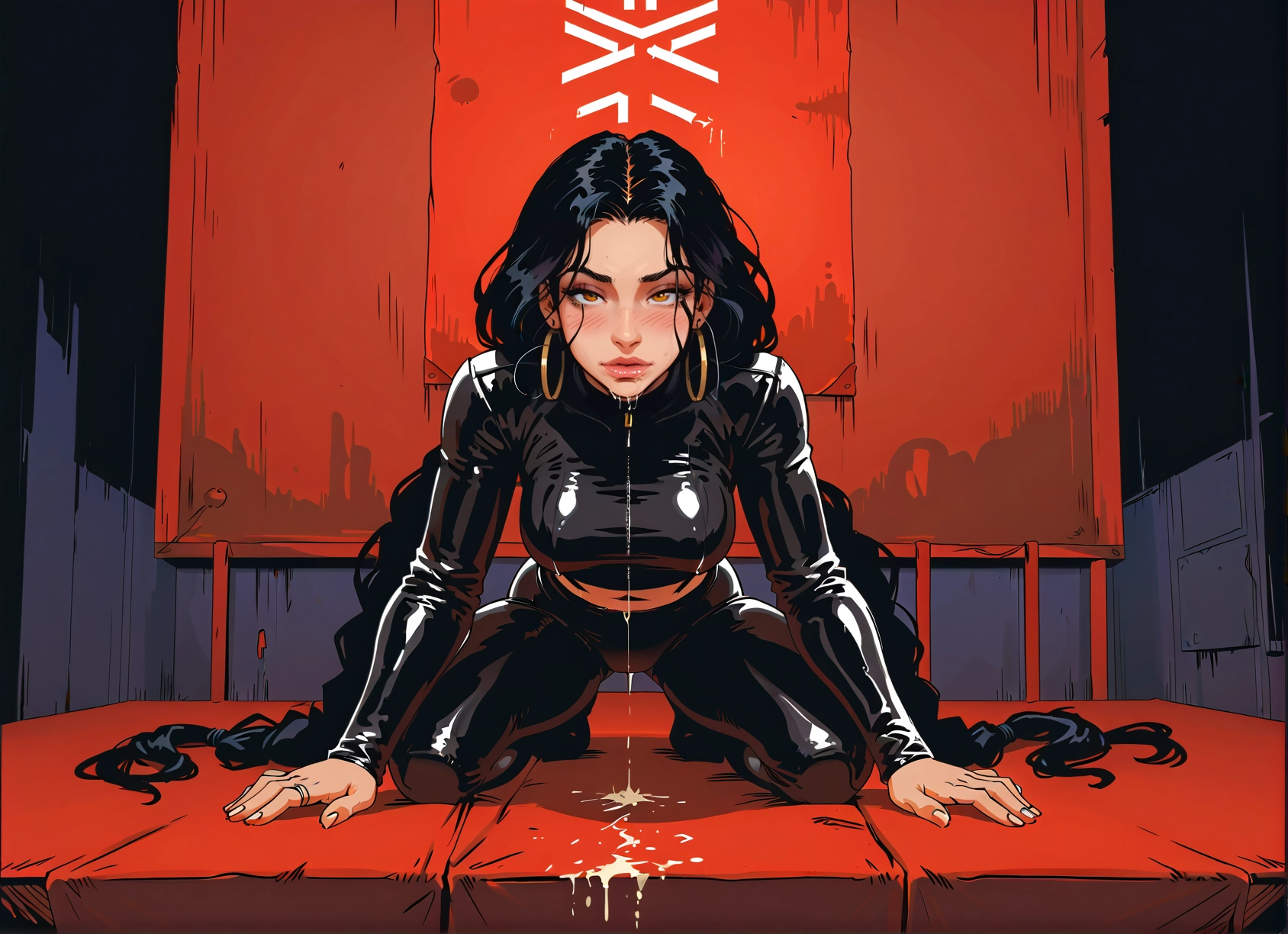 1girl, jewelry, earrings, black hair, long hair, cum · Yamete.gg