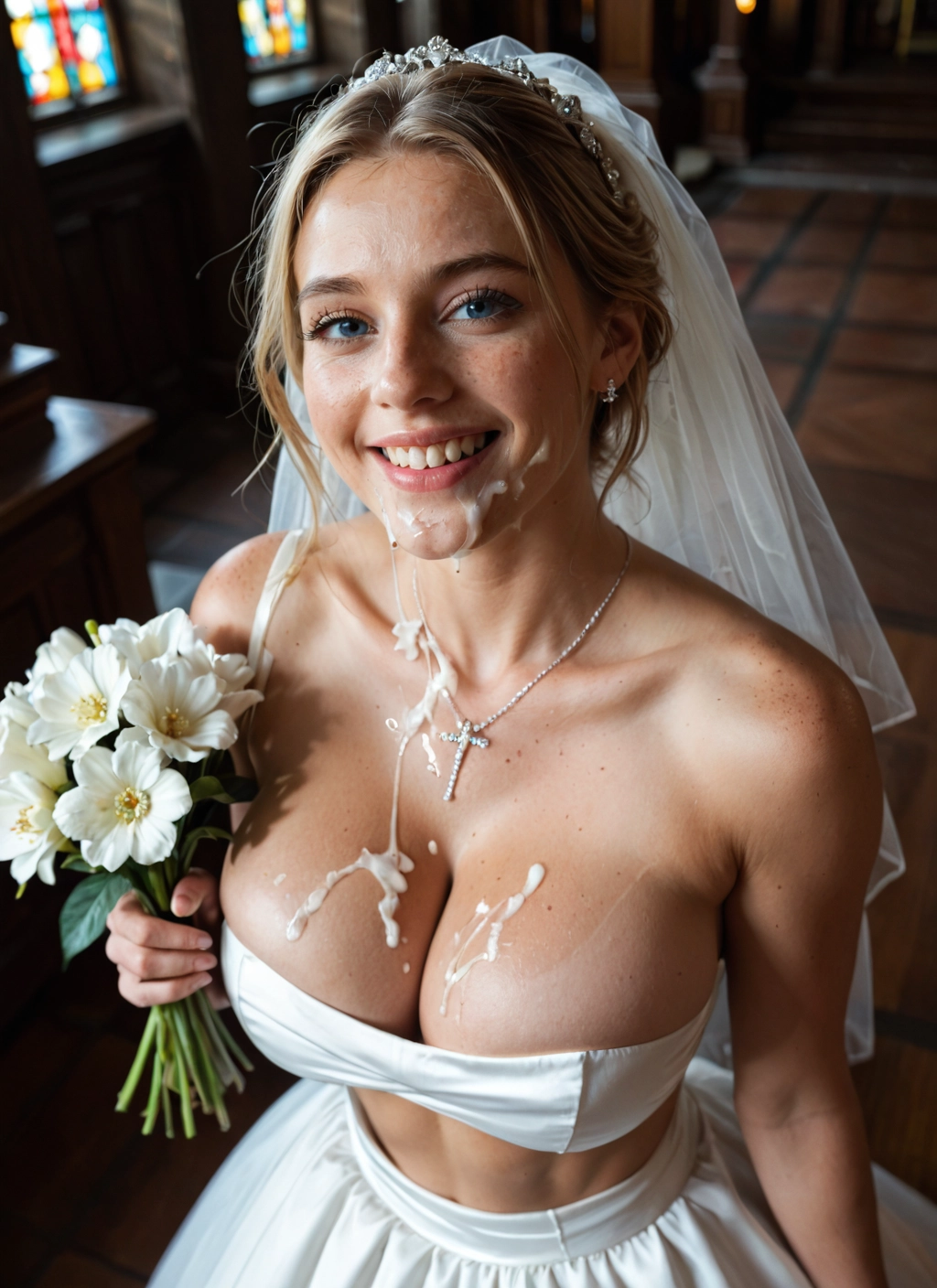 1girl, breasts, cum, flower, dress, wedding dress · Yamete.gg