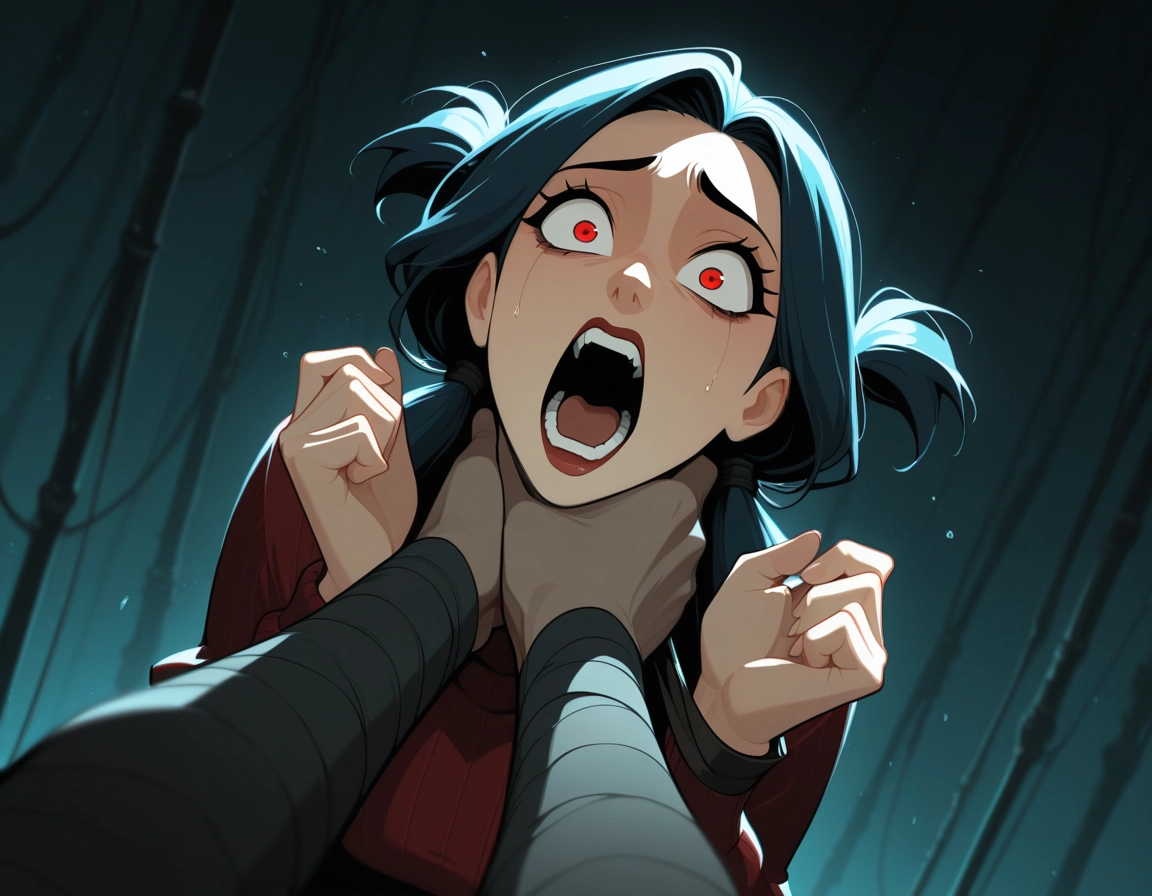 1girl, red eyes, black hair, open mouth, strangling, pov · Yamete.gg