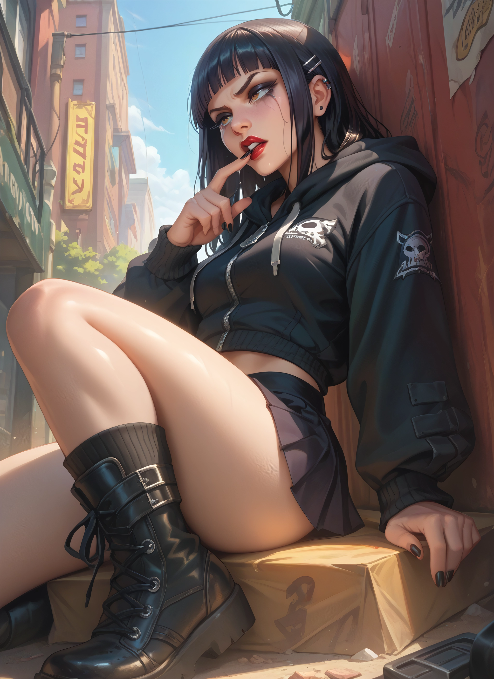 1girl, skirt, black hair, boots, hood, solo · Yamete.gg