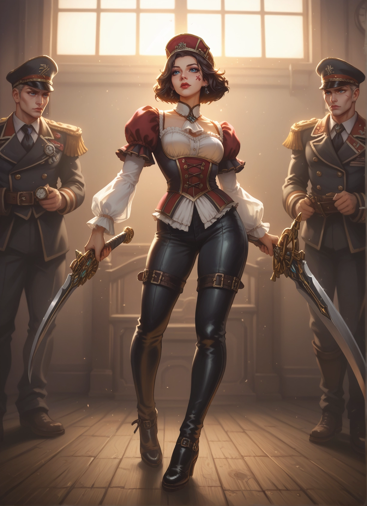 1girl, weapon, sword, hat, multiple boys, 2boys · Yamete.gg