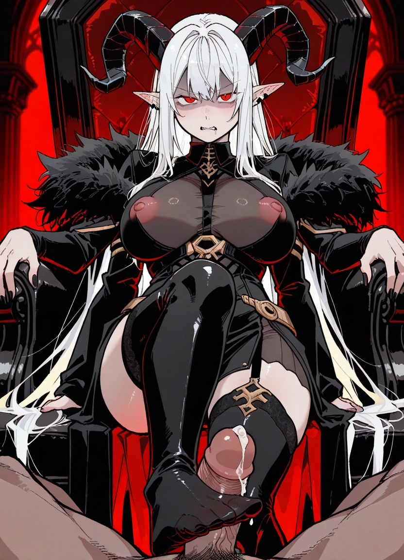 1girl, horns, breasts, hetero, penis, footjob · Yamete.gg