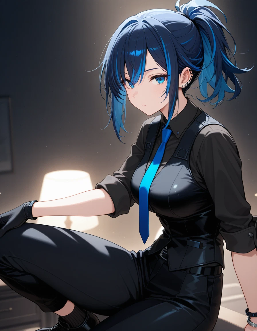 1girl, solo, blue eyes, blue hair, gloves, necktie · Yamete.gg