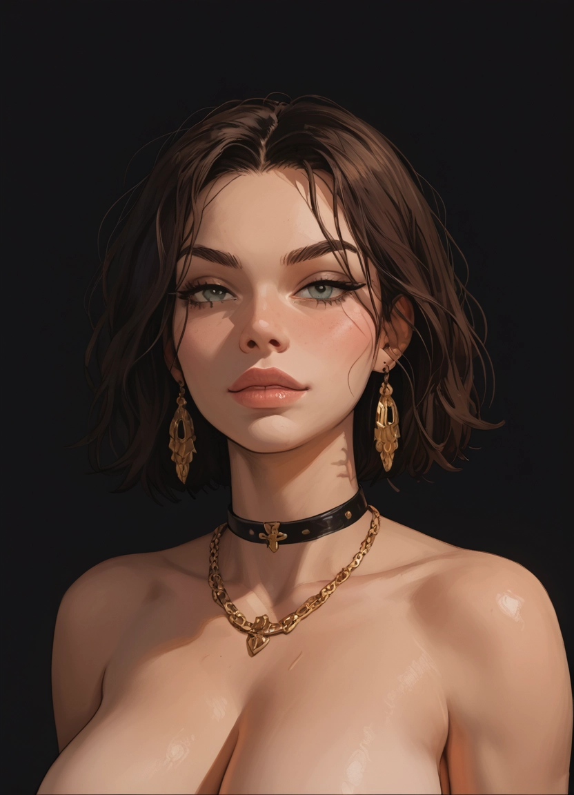 1girl, breasts, jewelry, earrings, solo, brown hair