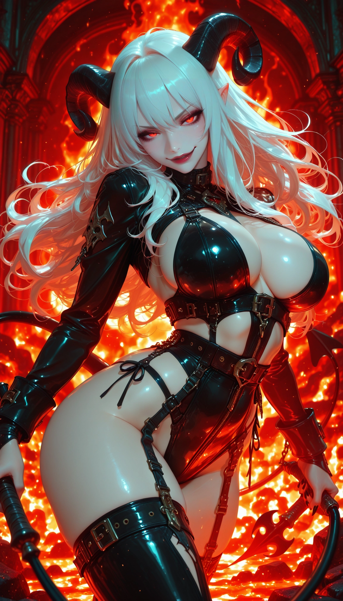1girl, breasts, horns, red eyes, solo, thighhighs · Yamete.gg
