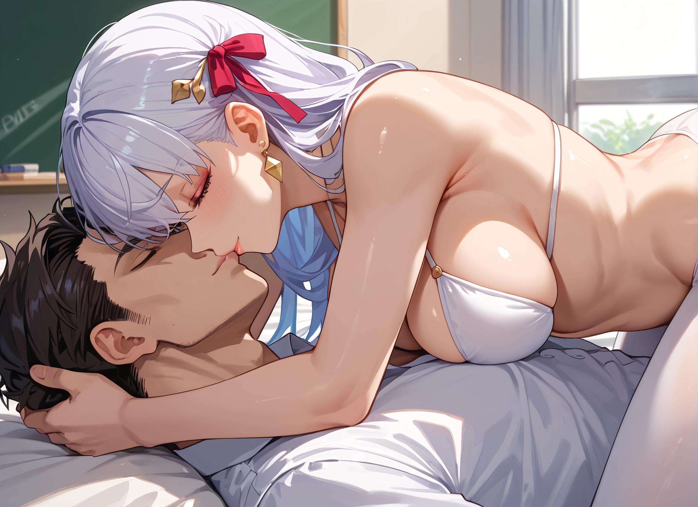 breasts, 1girl, 1boy, jewelry, large breasts, silver hair · Yamete.gg