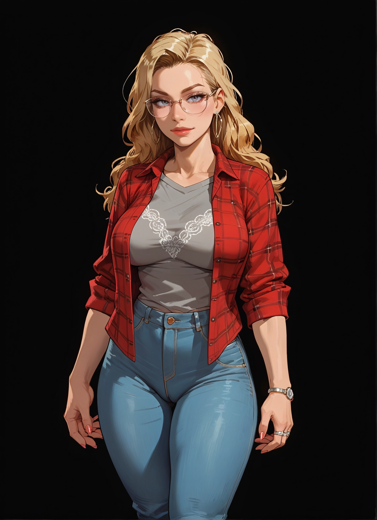 1girl, blonde hair, jewelry, pants, solo, glasses · Yamete.gg