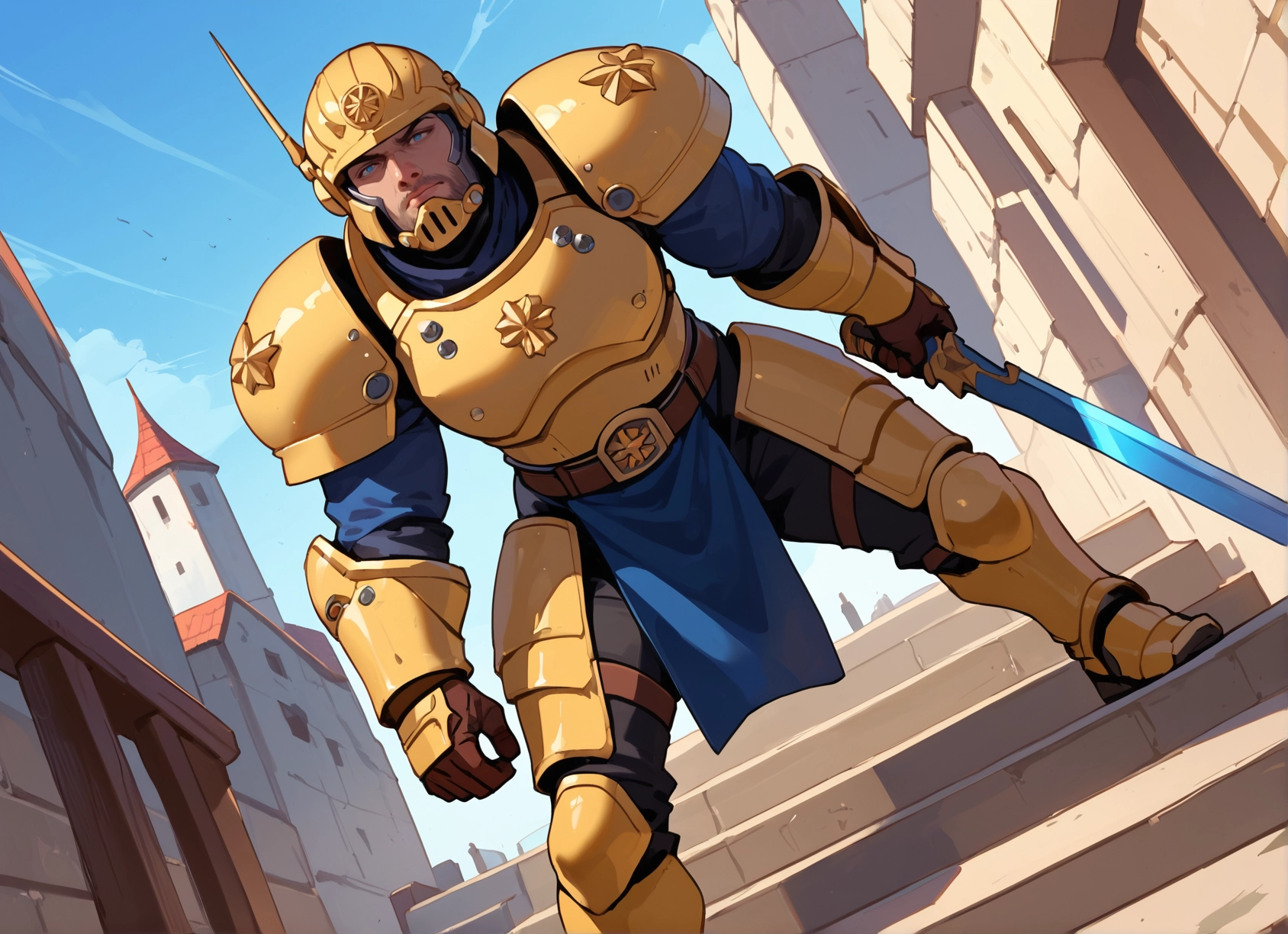 weapon, sword, armor, 1boy, helmet, solo · Yamete.gg