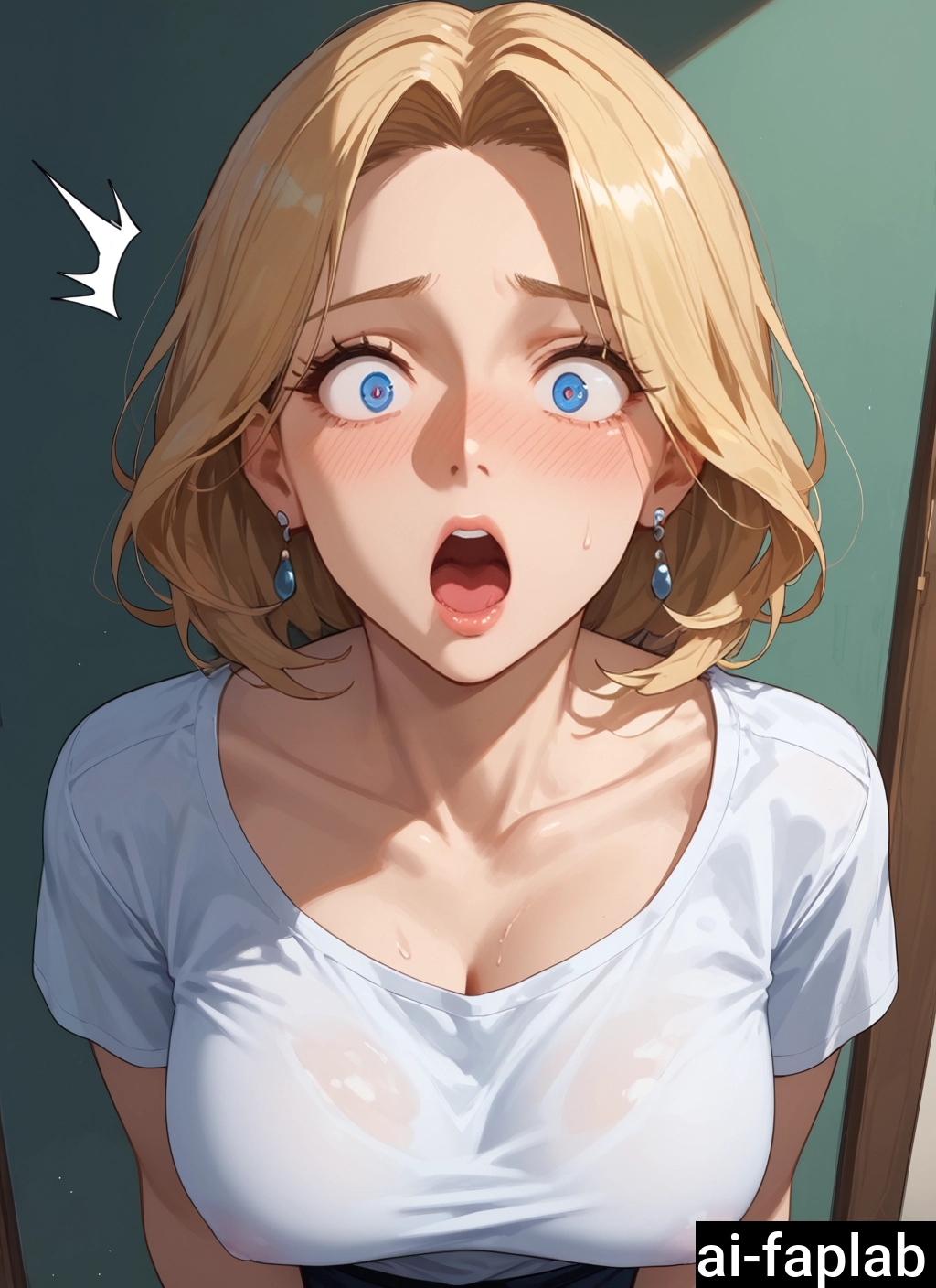 1girl, breasts, shirt, blonde hair, jewelry, earrings