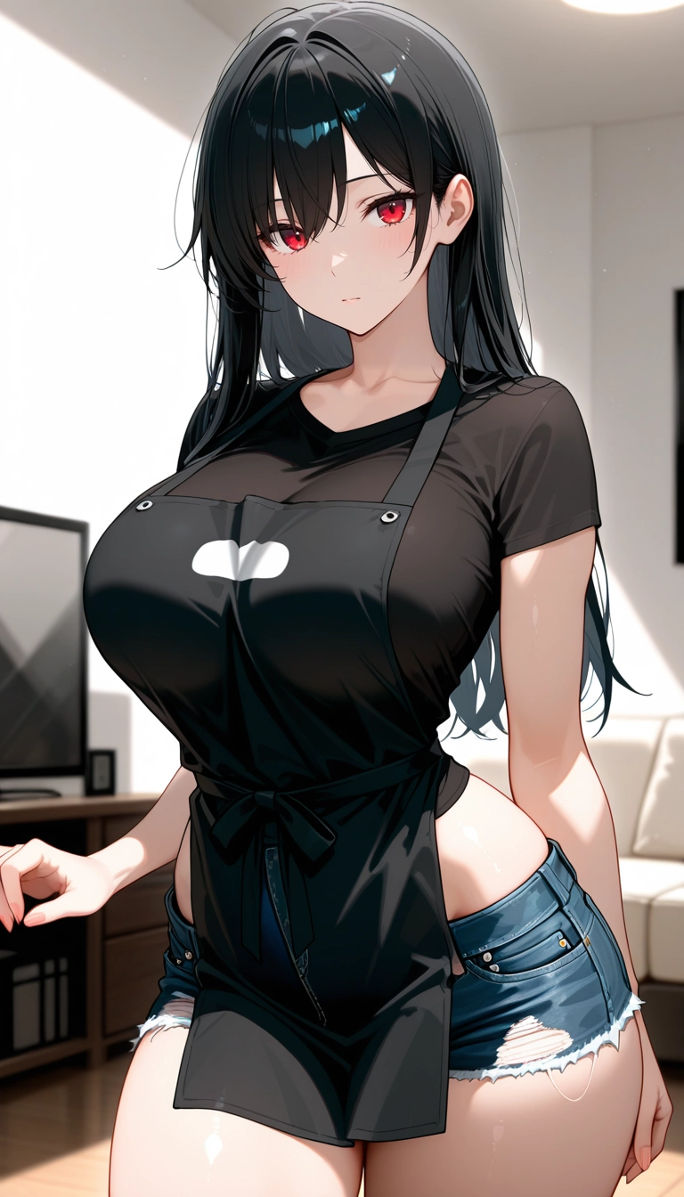 1girl, solo, breasts, black hair, red eyes, denim · Yamete.gg