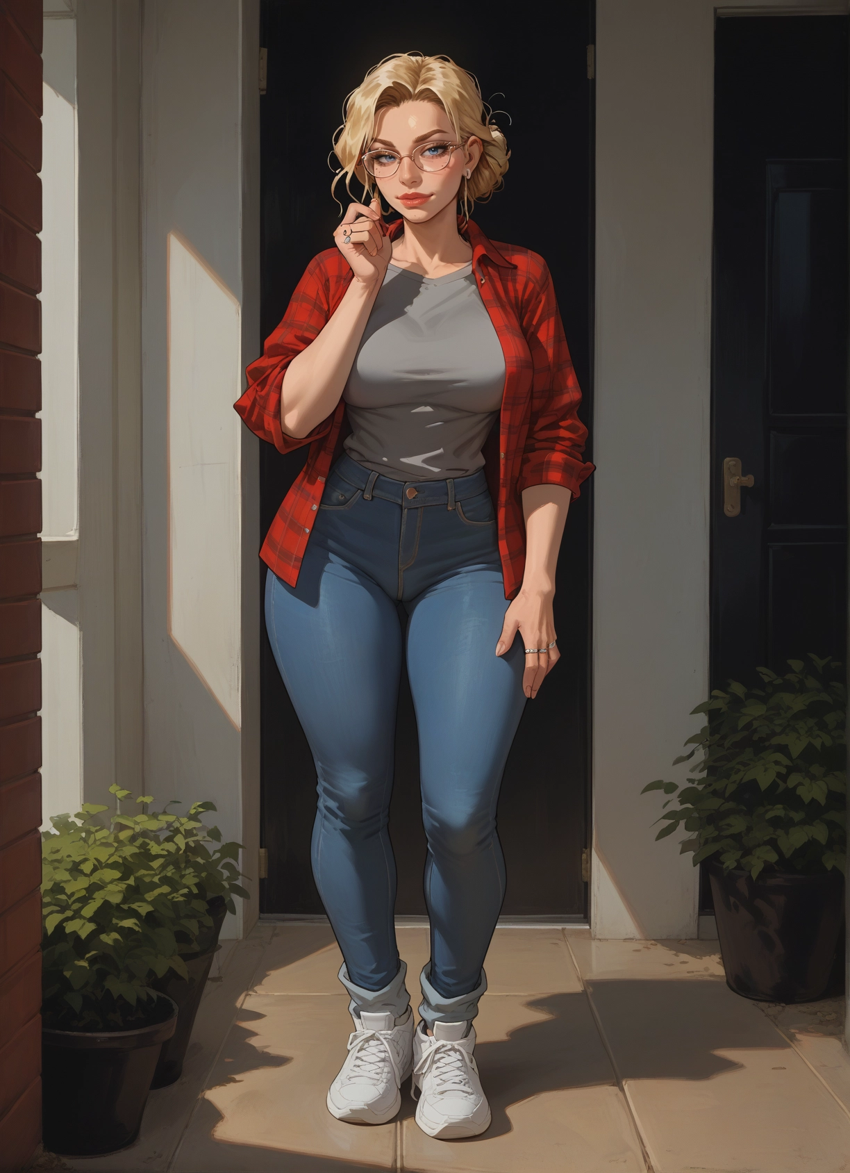 1girl, blonde hair, pants, jewelry, glasses, breasts · Yamete.gg