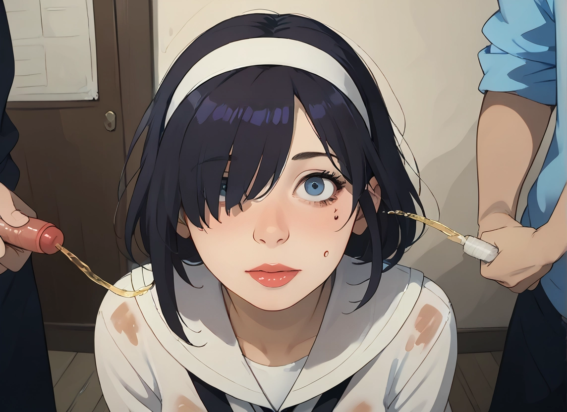 1girl, uncensored, blue eyes, black hair, hair over one eye, hairband · Yamete.gg