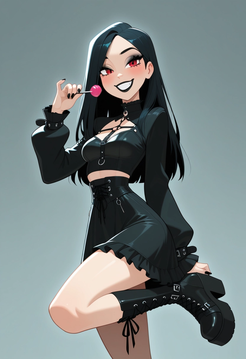 1girl, solo, boots, food, skirt, black hair · Yamete.gg