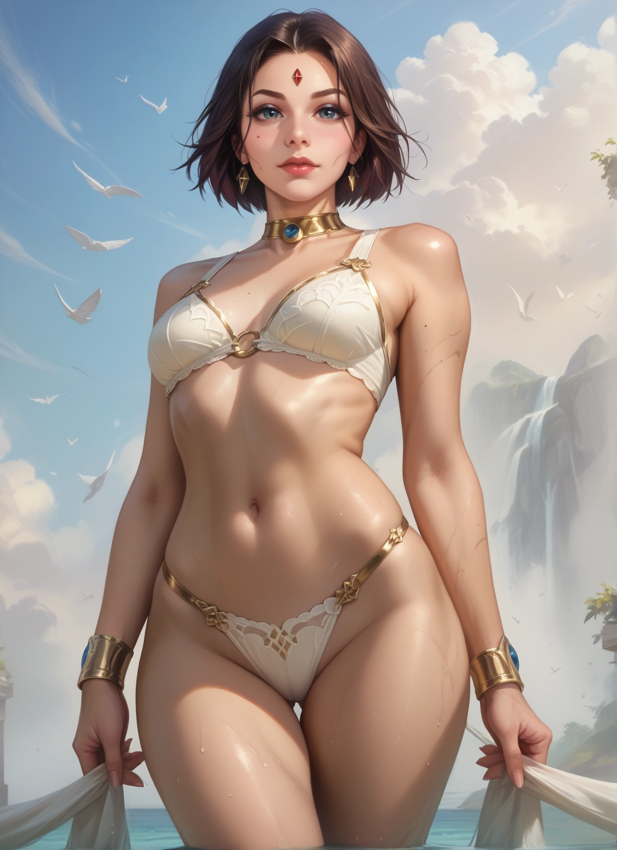 1girl, jewelry, navel, earrings, solo, blue eyes · Yamete.gg