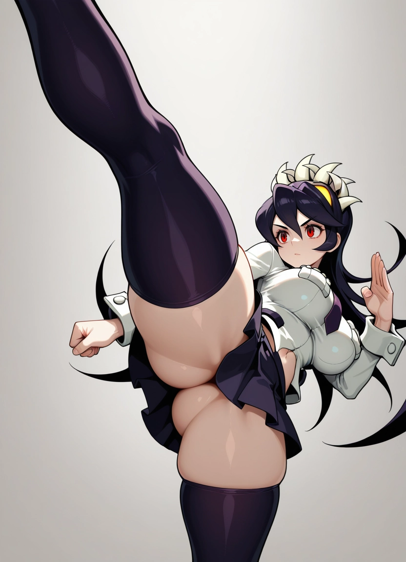 1girl, filia (skullgirls), breasts, kicking, solo, thighhighs · Yamete.gg