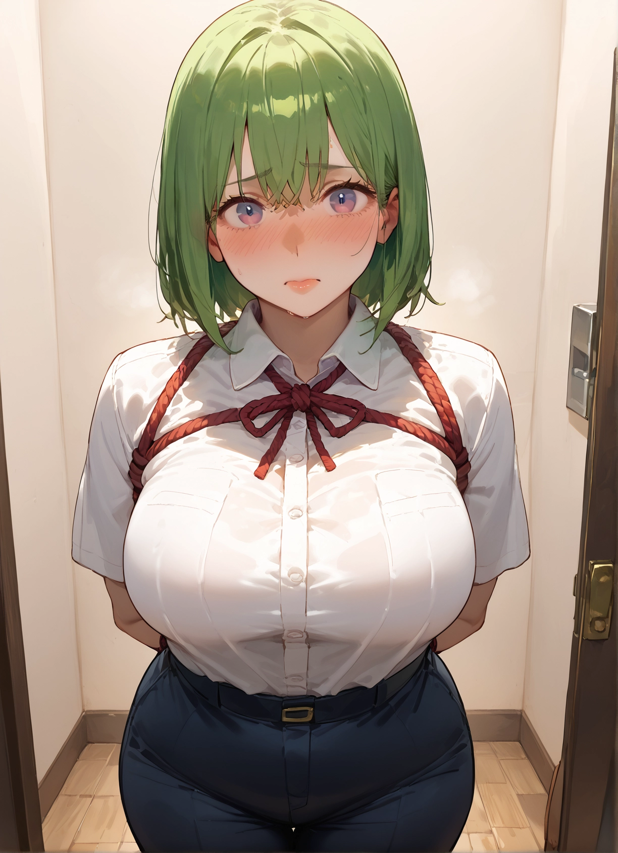 1girl, breasts, green hair, blush, large breasts, shirt · Yamete.gg