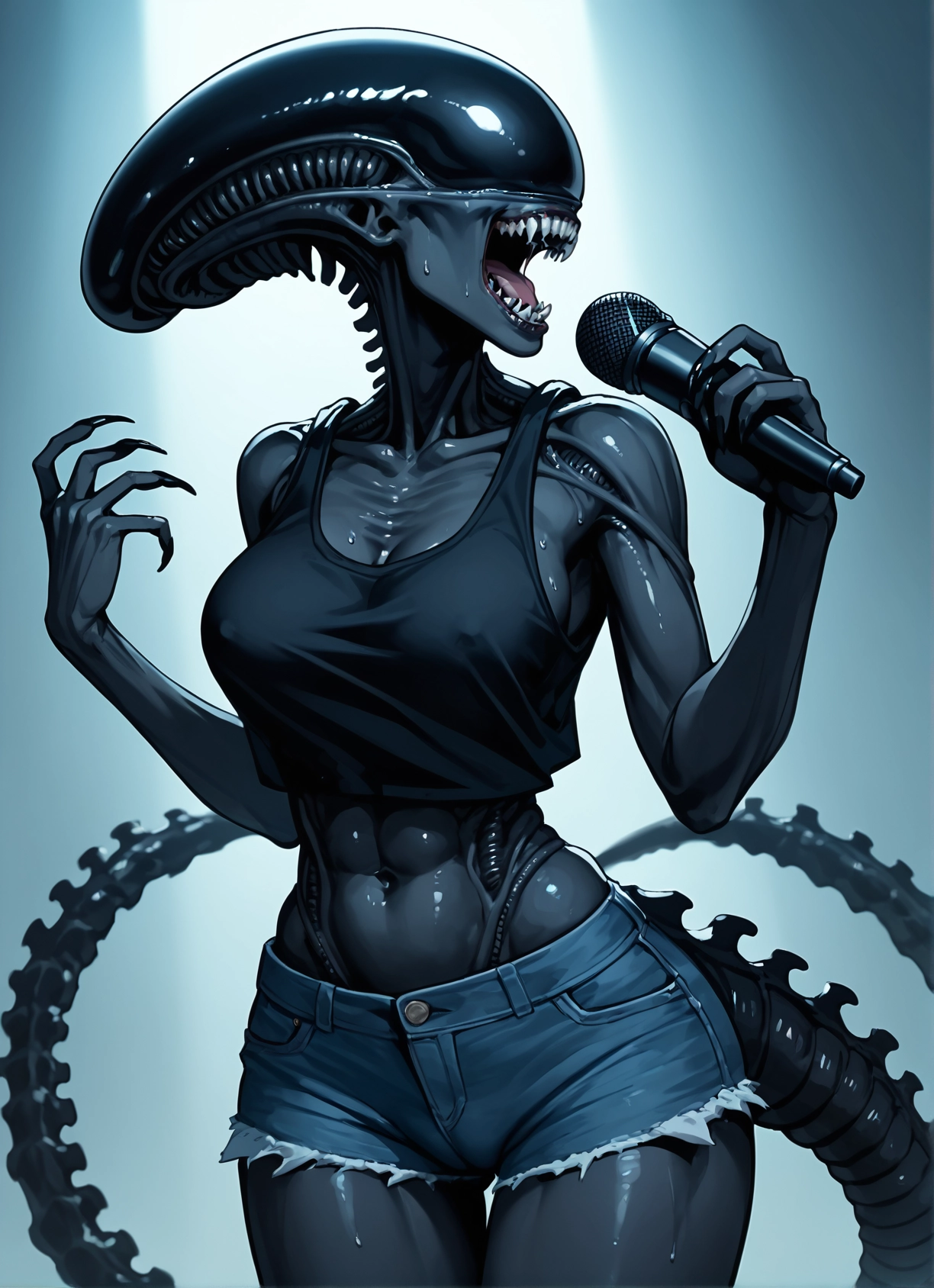 1girl, shorts, breasts, microphone, tail, solo · Yamete.gg