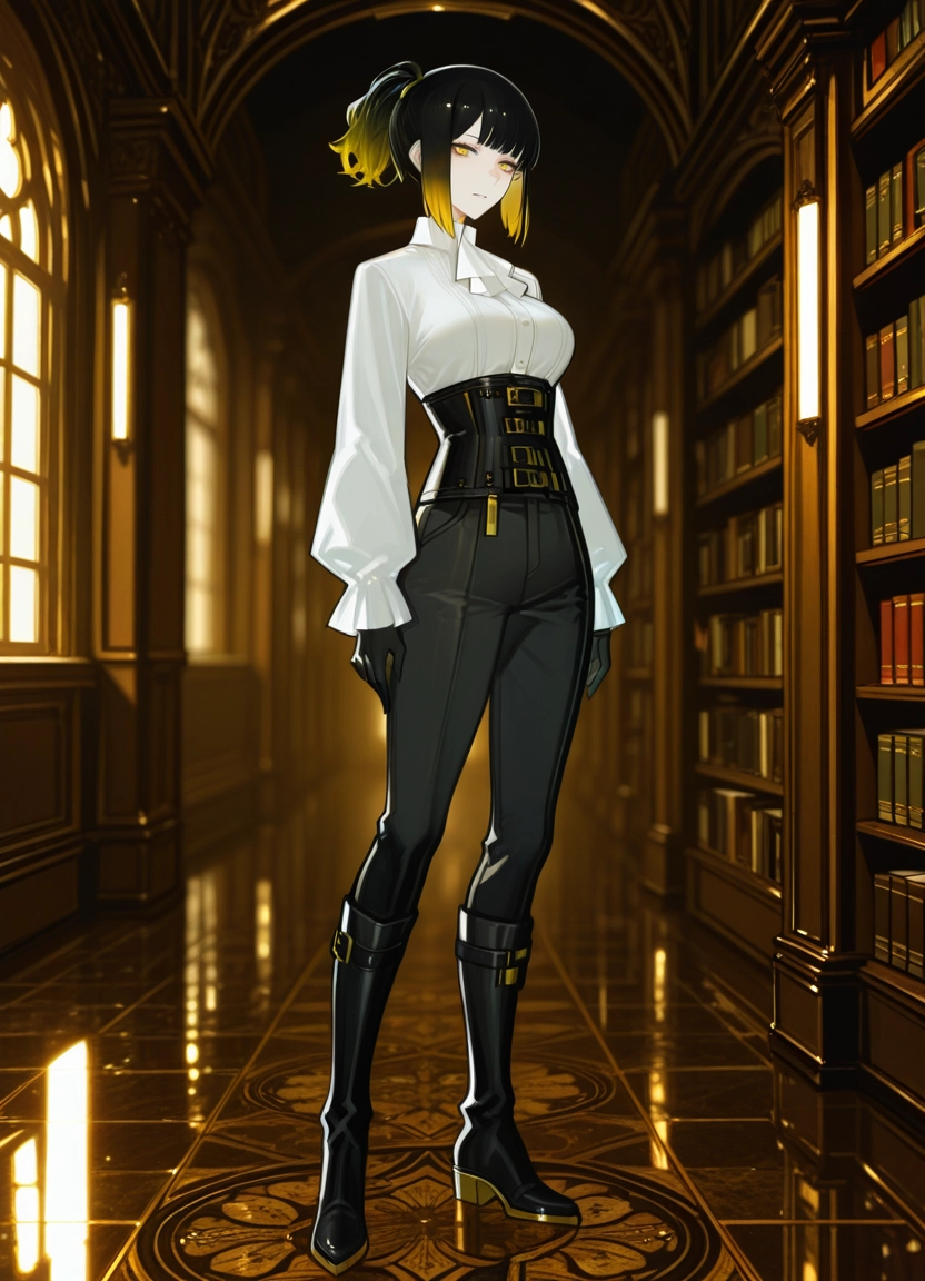 1girl, multicolored hair, solo, shirt, black hair, bookshelf