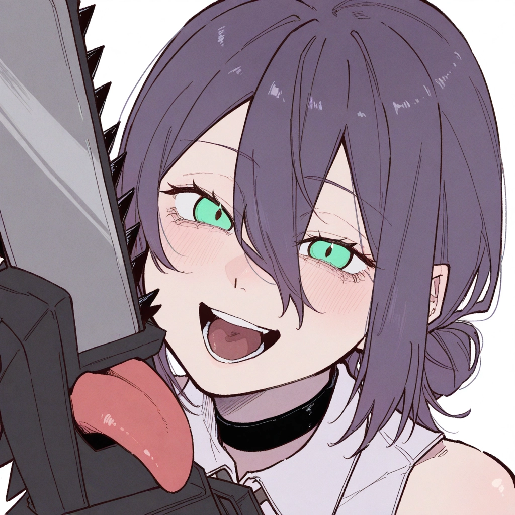1girl, chainsaw, open mouth, tongue, solo, choker · Yamete.gg