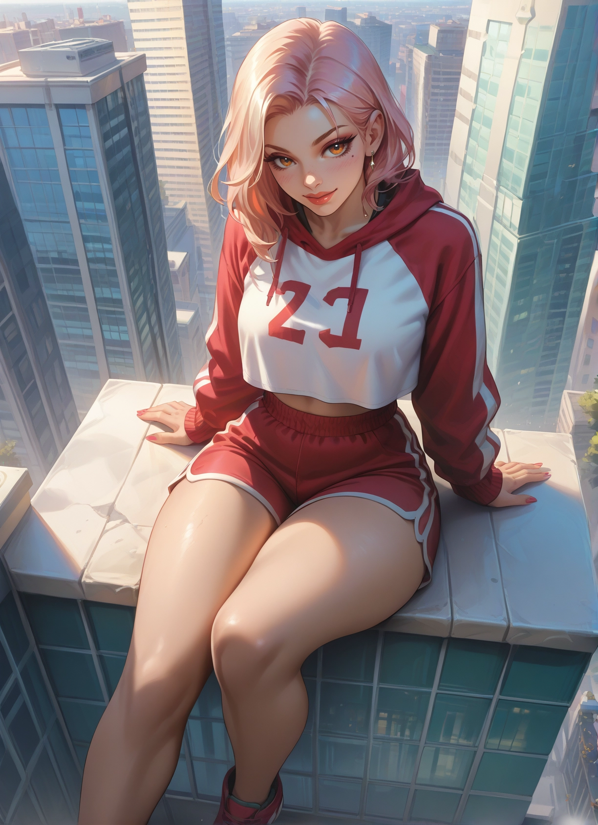 1girl, shorts, sitting, mole, solo, jewelry · Yamete.gg