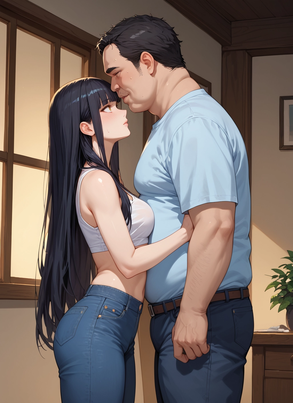 1girl, long hair, 1boy, black hair, pants, breasts · Yamete.gg