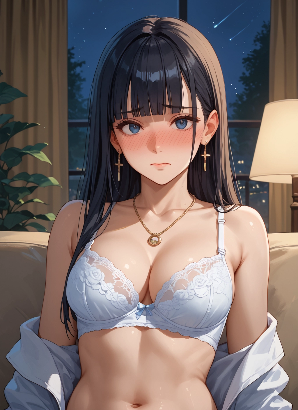 1girl, breasts, underwear, bra, jewelry, navel