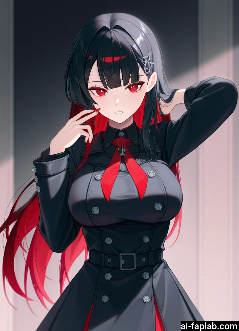 1girl, breasts, red eyes, solo, black hair, hair ornament