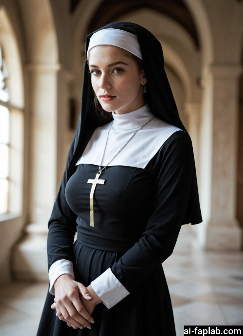 1girl, nun, solo, jewelry, cross, habit