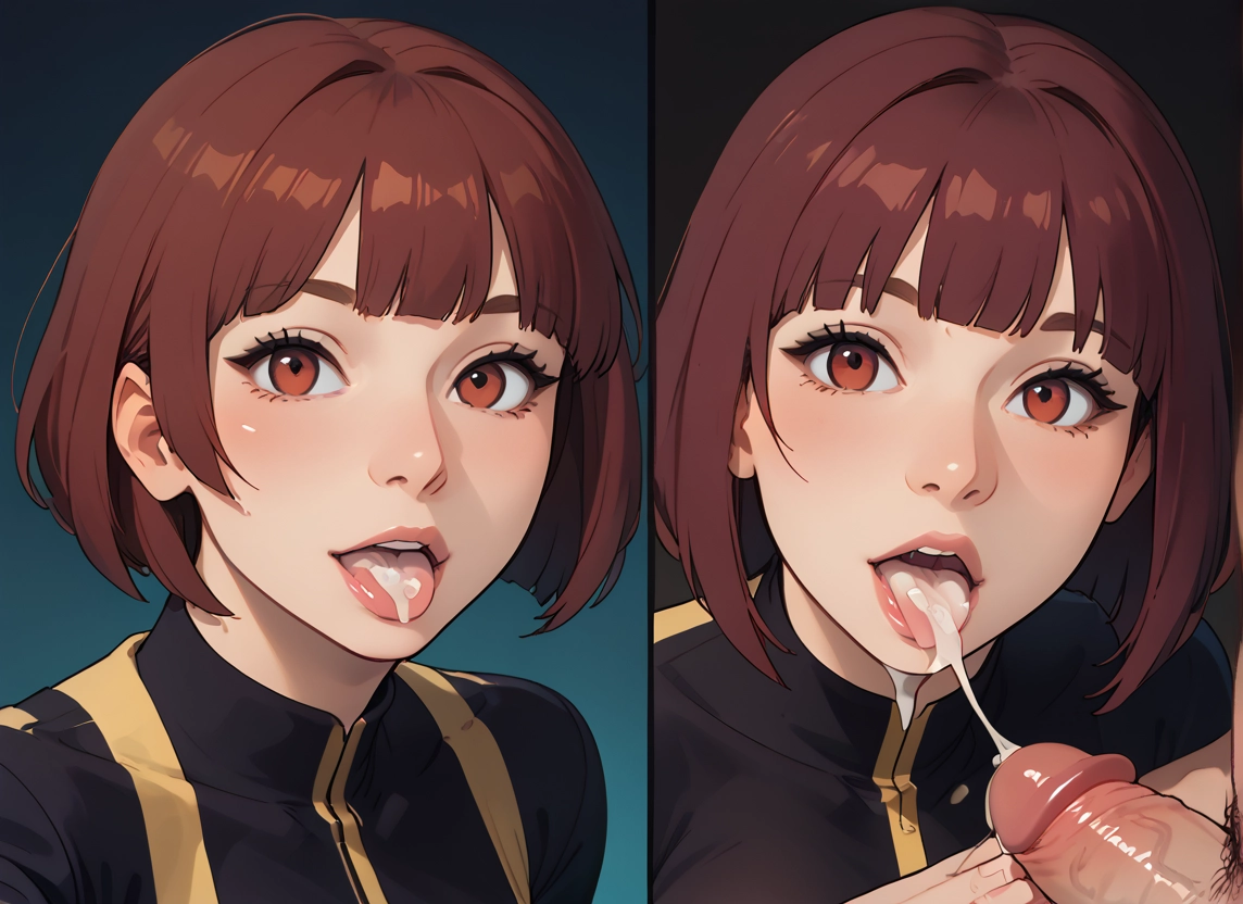 penis, 1girl, cum, brown hair, hetero, cum in mouth · Yamete.gg