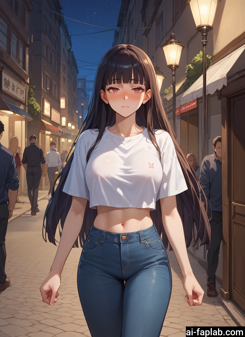 long hair, breasts, navel, pants, blush, shirt · Yamete.gg
