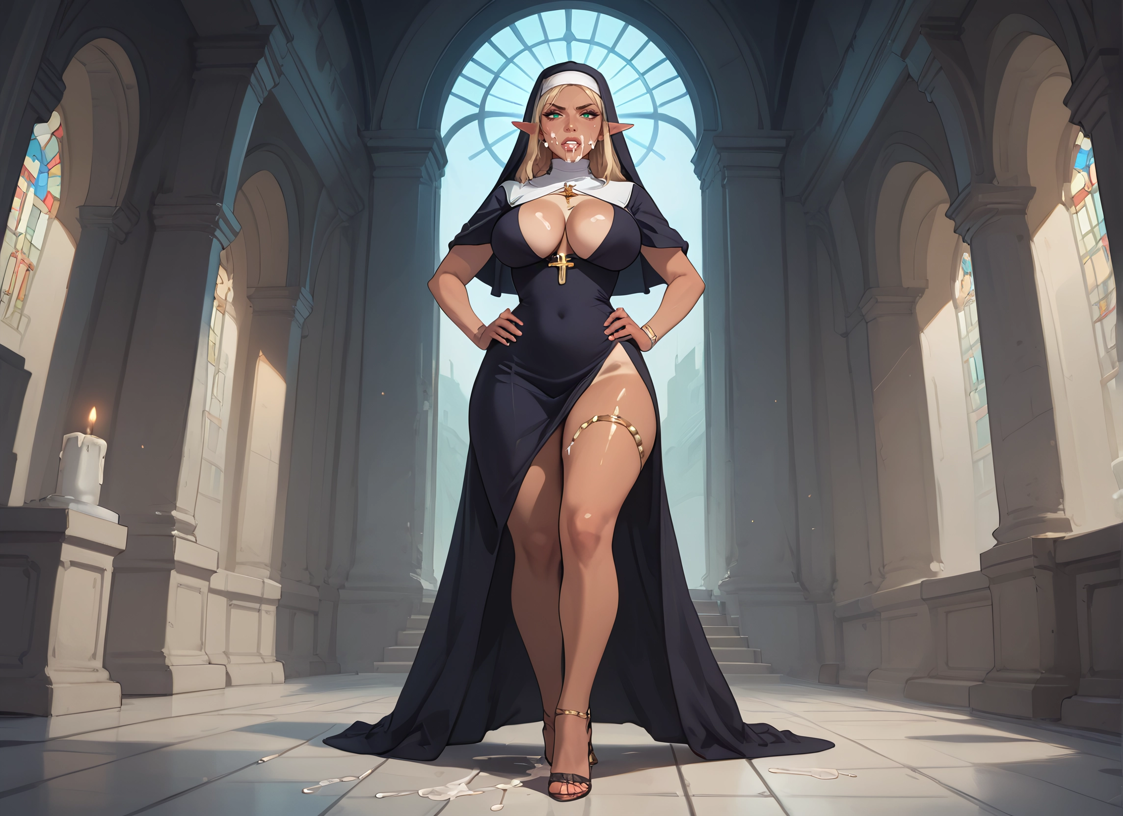 futanari, 1girl, breasts, pointy ears, nun, cum · Yamete.gg